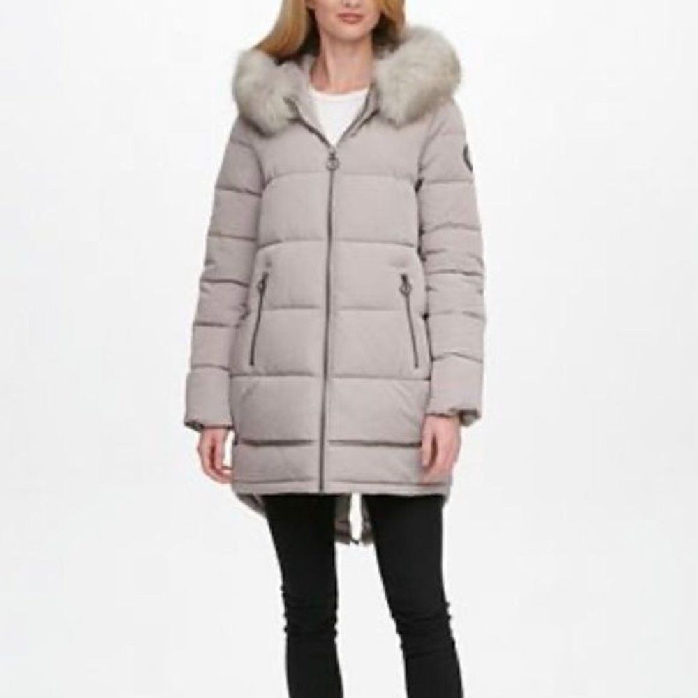 Dkny Faux Fur Trim Hooded Puffer Coat Mid Length Water Resistant Taupe Small